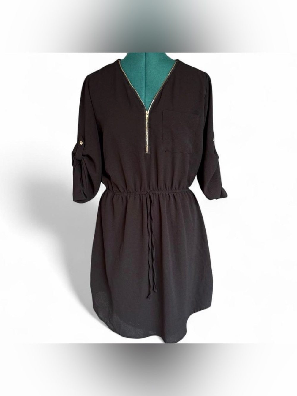 Justify Black Zip-Front Drawstring Waist Mini Dress